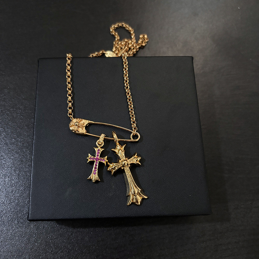 CH♥  สร้อยคอ/22K Gold Cross Double Pendant Pin Necklace
