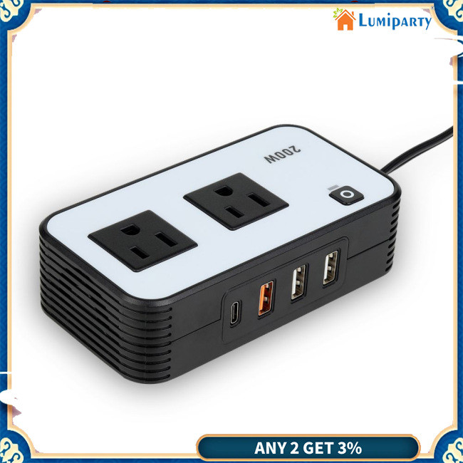 Lumiparty 200W Power Inverter, 12V DC ถึง 110V AC Car Plug Adapter Outlet Converter พร้อมการชาร์จ 3 