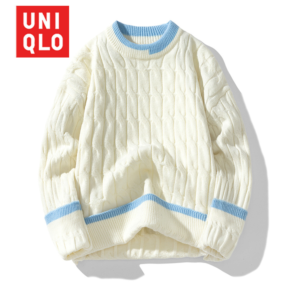 UNIQLO ยูนิโคล่ ใหม่เสื้อกันหนาวสีทึบหนาสําหรับฤดูใบไม้ร่วงและฤดูหนาว, ผู้ชายคอกลมบิดดอกไม้หลวมถักเสื้อผ้า