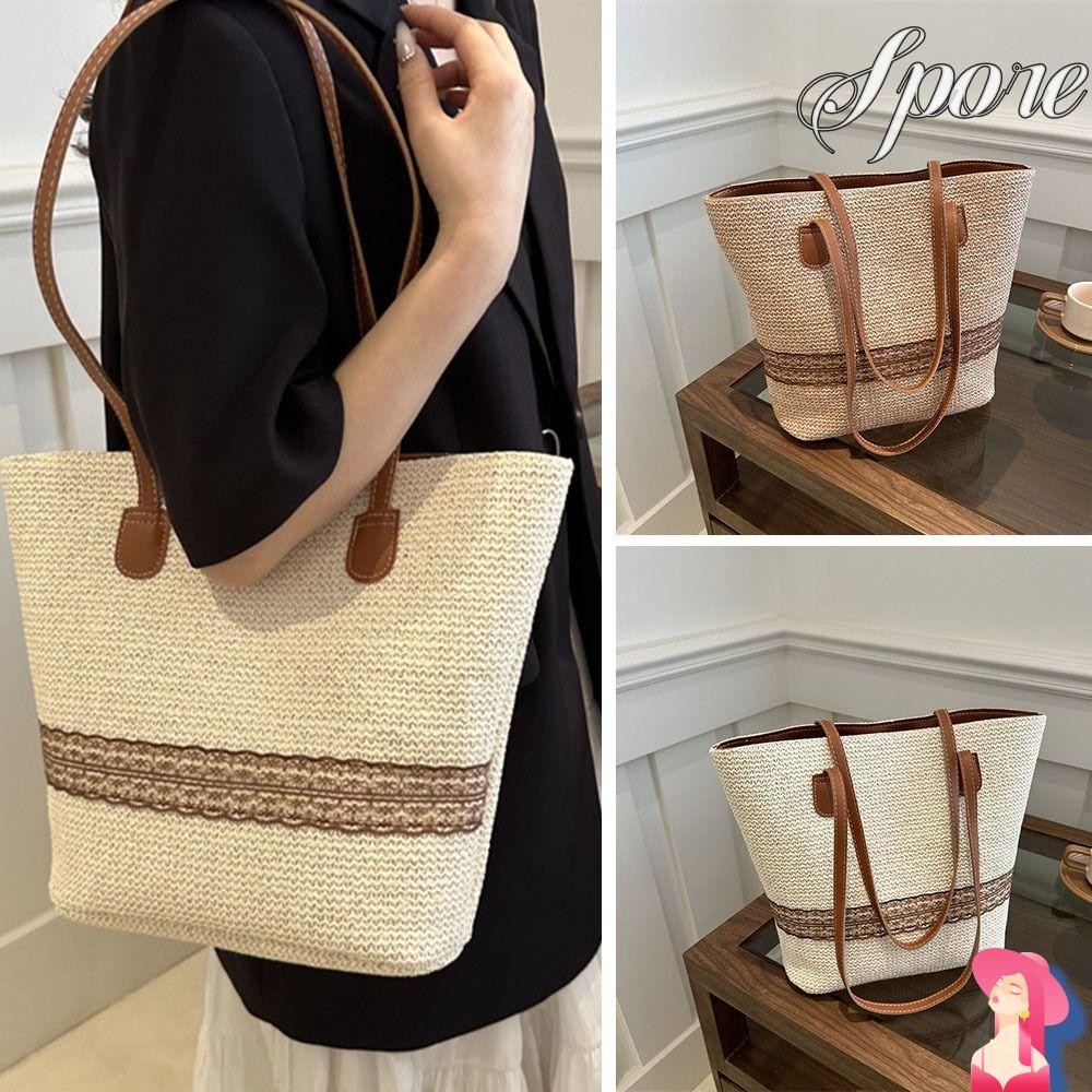 Spore กระเป๋าสานฟาง กระเป๋าสะพายไหล่ลำลองสไตล์โบฮีเมียนกระเป๋าเดินทางช้อปปิ้งน้ำประกบความจุขนาดใหญ่