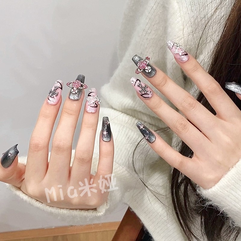 เล็บปลอมที่ทำด้วยมือ ซีรีส์สาวฮอต แฟลชเพชรสีชมพูรอบดวงตาแมวเปลวไฟดาวเคราะห์ ปรับแต่งด้วยมือ - รูปที่ 3