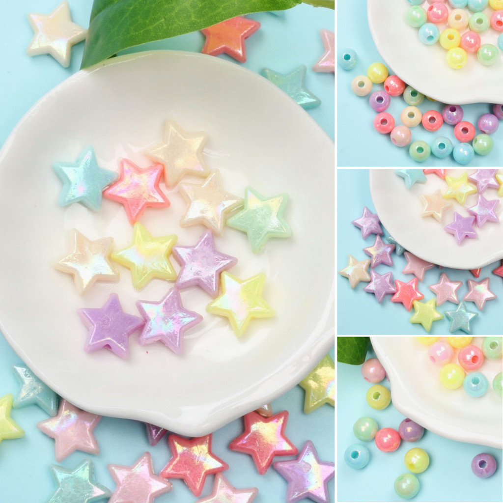 ลูกปัดอะคริลิค AB ทรงกลม รูปหัวใจ ดอกพลัม ดาว คละสี สําหรับทําเครื่องประดับ DIY