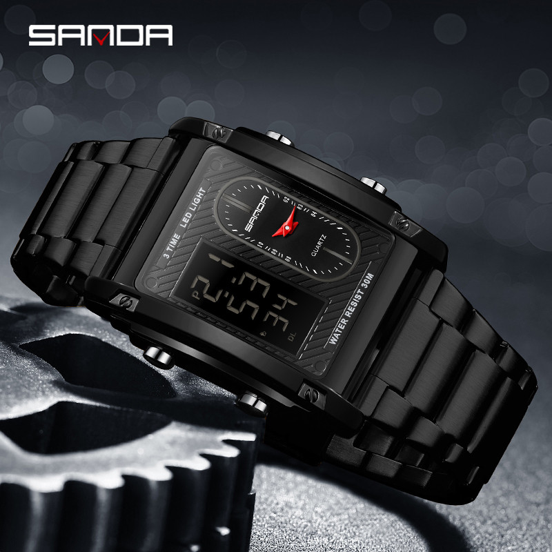 Sanda Dual Display Square Business Fashion Simple and Trend นาฬิกาข้อมือผู้ชายอเนกประสงค์ SD3328-5