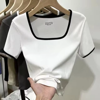 เสื้อยืดแขนสั้นหญิงใหม่ล่าสุด ฤดูร้อน สไตล์คอเหลี่ยม