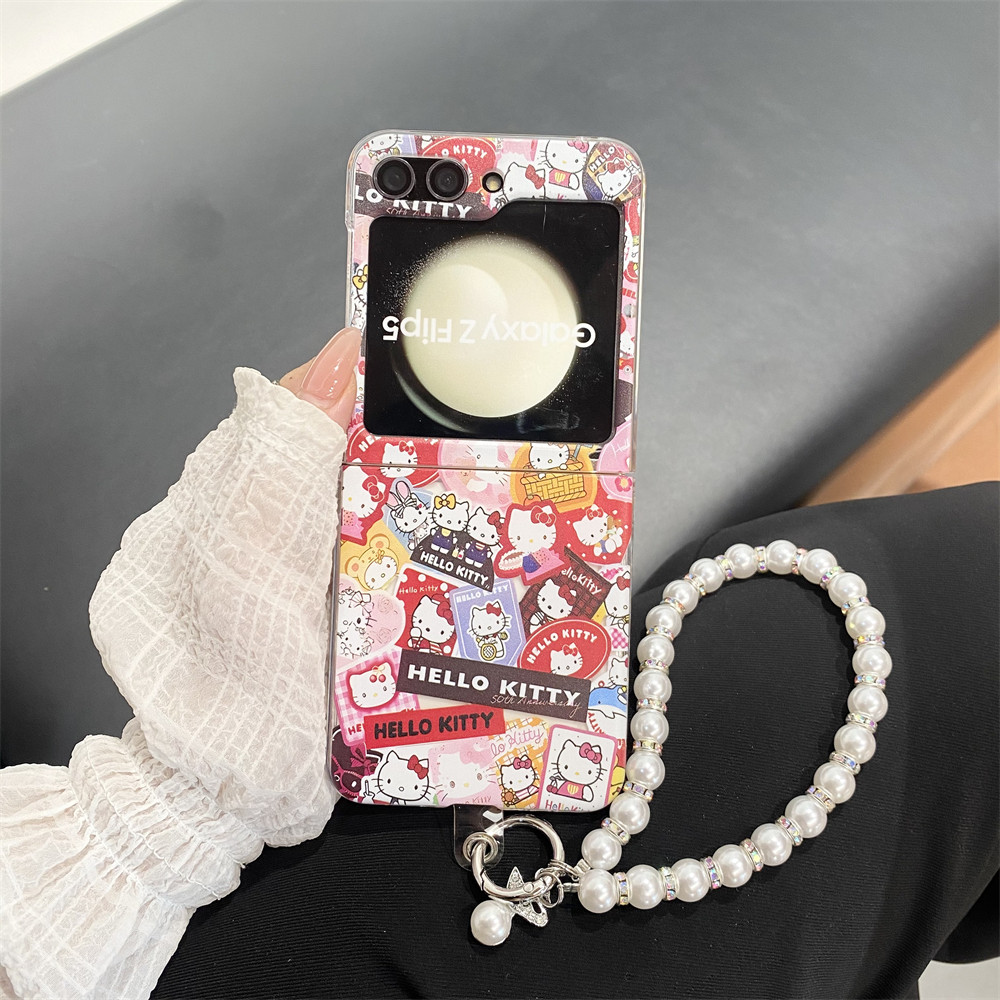 Flip6 เคส Samsung Galaxy Z Flip5 การ์ตูนน่ารัก ครบรอบ 50 ปี hello Kitty พร้อมสายโซ่มุก เคส Samsung Galaxy Z Flip 3 Flip 4 5G กันกระแทกโทรศัพท์ความคิดสร้างสรรค์ฝาครอบ