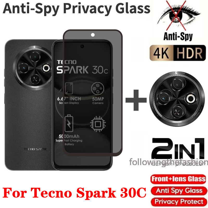คลุมทั้งหมดหน้าจอโค้งส่วนตัวกระจกนิรภัยสําหรับ Tecno Spark 30C Spark30 C spark30c 4G 2024 Protector Anti Peek ความเป็นส่วนตัวด้านหน้าป้องกันหน้าจอกลับกล้องเลนส์ป้องกันฟิล์ม