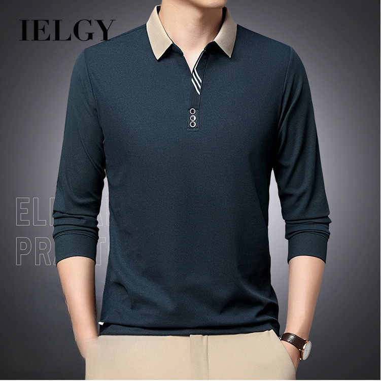IELGY เสื้อยืดแขนยาวผู้ชายเสื้อโปโลฤดูใบไม้ผลิและฤดูใบไม้ร่วงธุรกิจลําลองหลวมปกเสื้อฐานด้านบน