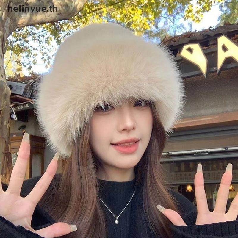 Helinyue หมวกฤดูหนาวสําหรับผู้หญิง Faux Fur Fluffy หมวกสําหรับผู้หญิง Plush มองโกเลียหมวกนุ่มปานามาหมวกเล่นสกีขี่หมวกอบอุ่น ﻿ ไทย