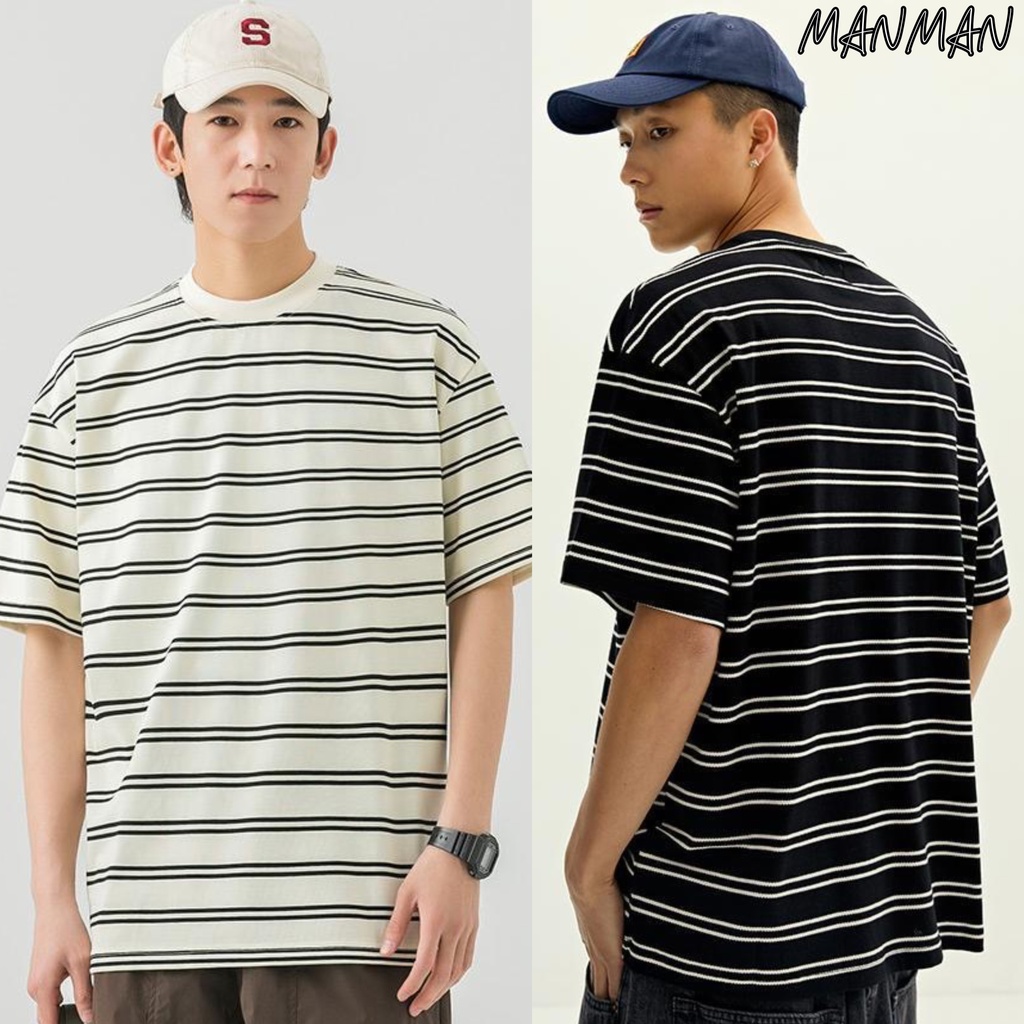 MANMAN เสื้อยืดผู้ชาย แขนสั้นสำหรับผู้หญิง ลายทาง เสื้อคอกลม ชุดคู่รัก ลำลอง แบบหลวม