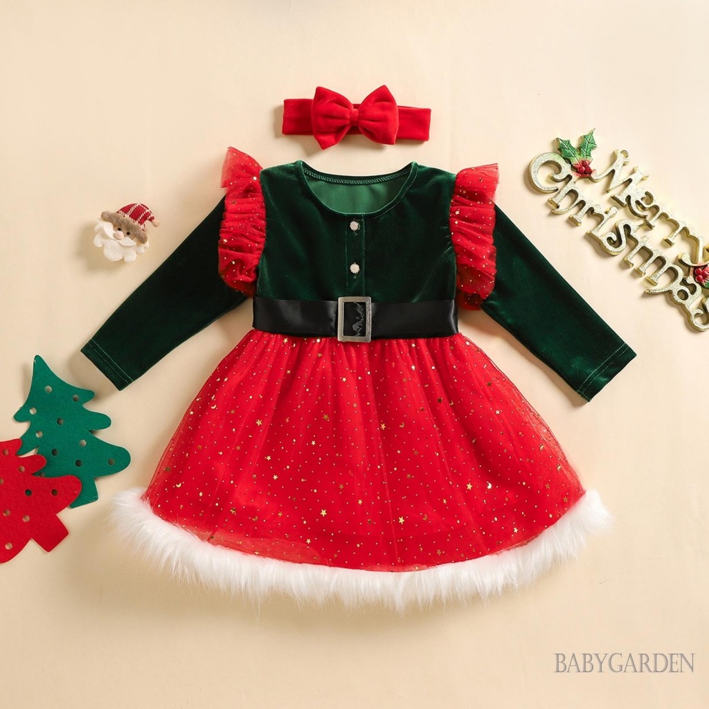 //-1-6year Kids Baby Girls Christmas Casual A-line Flying Sleeve O คอ Tulle Patchwork Dresses พร้อมแถบคาดศีรษะ
