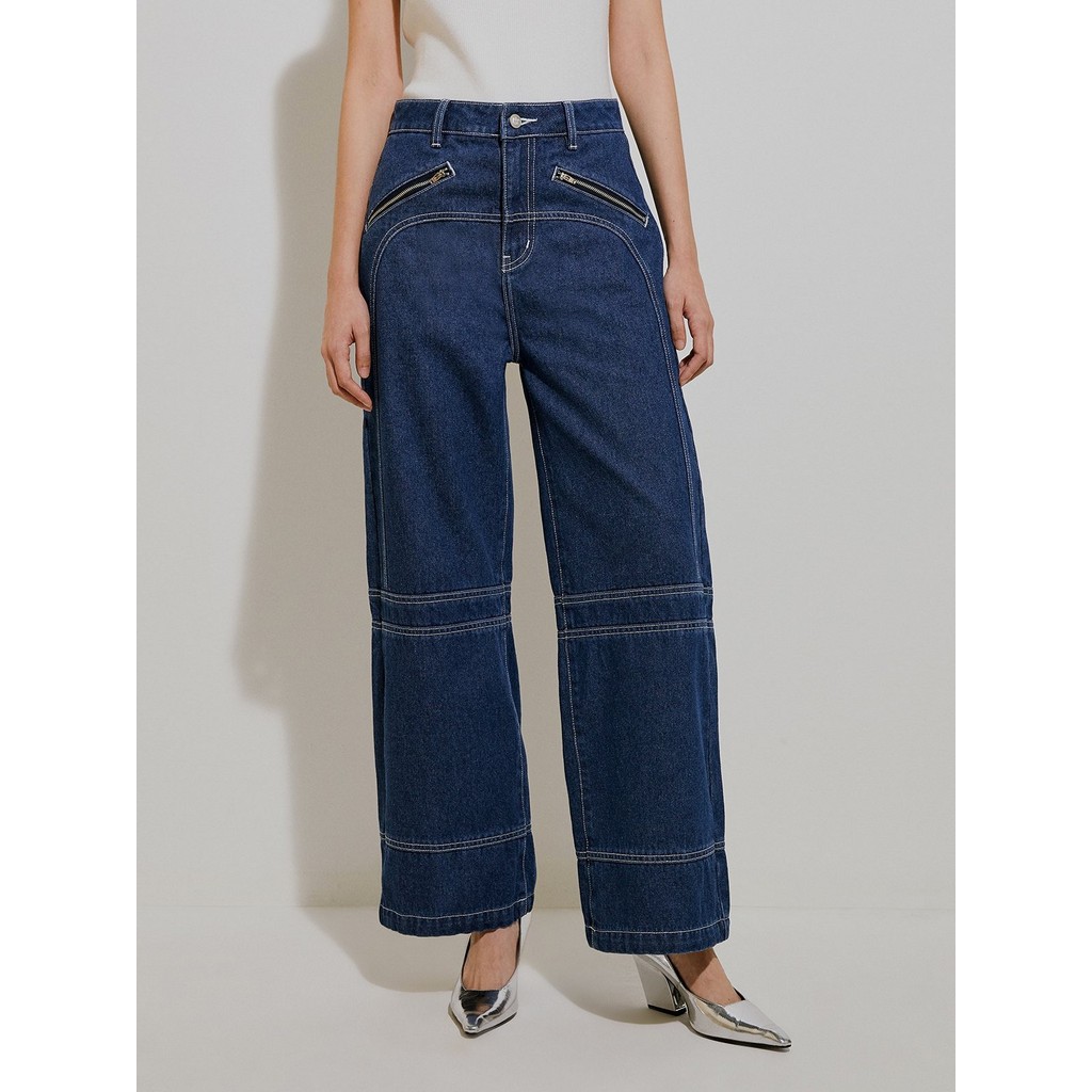 [Pomelo] กางเกงยีนส์ขากระบอกแต่งดีเทลเชือกรูด / Drawstring Ruched Hem Detail Denim Straight Pants