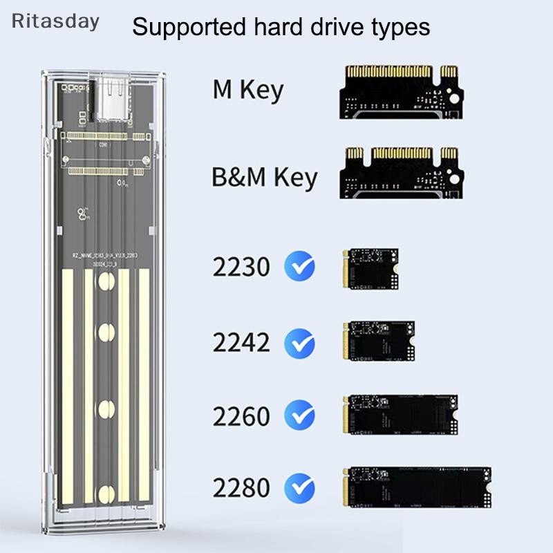 Ritasday M.2 NVME PCIe NGFF SATA Protocol Case Clear USB Type C 10Gbps PCI-E โปร่งใสฮาร์ดดิสก์ภายนอกกล่องสําหรับแล็ปท็อปโทรศัพท์ใหม่