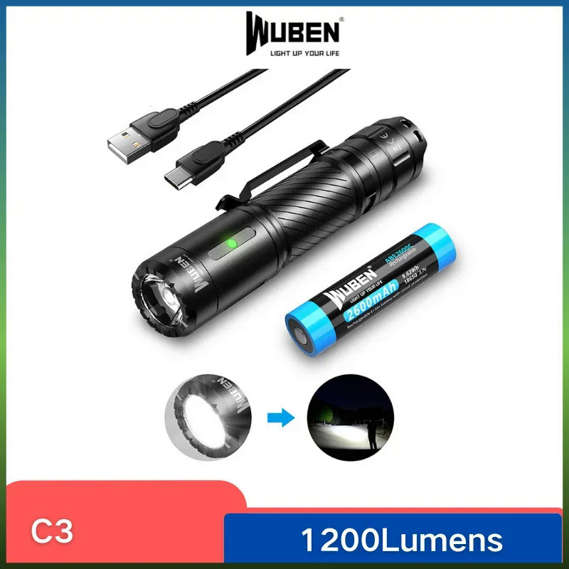 WUBEN C3 LED Flashlight Type-C Rechargeable High-powerful Troch Light 1200LM With Battery Waterproof