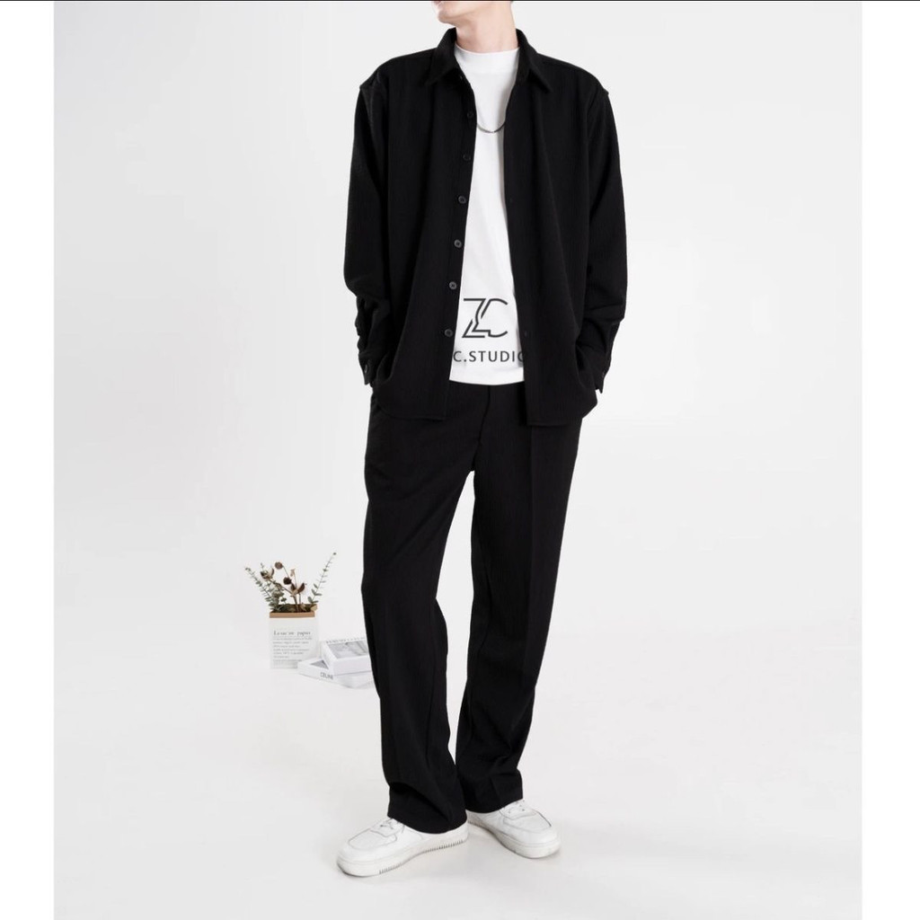 TSR.Men ผู้ชายใหม่แขนยาวแฟชั่นสไตล์เกาหลีเทรนด์เรียบง่ายหลวมสีทึบเสื้อลำลองกางเกงชุดสองชิ้น