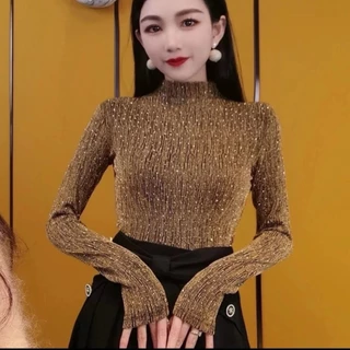 สไตล์เกาหลีแฟชั่นผ้าไหมสดใสปั๊มร้อนเพชรสลิมฟิตและกระชับสัดส่วนแขนยาวเสื้อยืดด้านบน