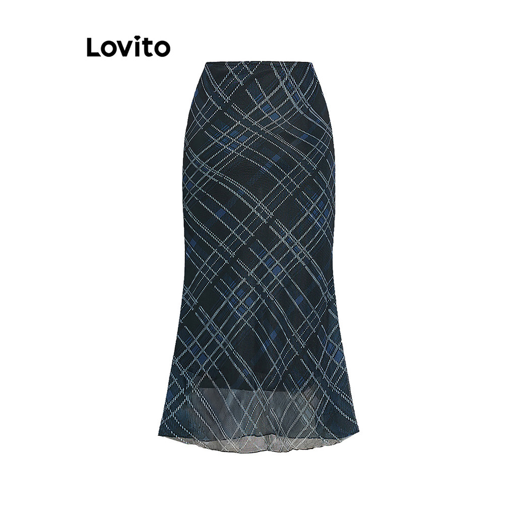 Lovito กระโปรงลายกระโหลกลายสก็อตกระโหลกผักกาดหอมตัดกระโปรงลายจีบสำหรับผู้หญิง L98AD094