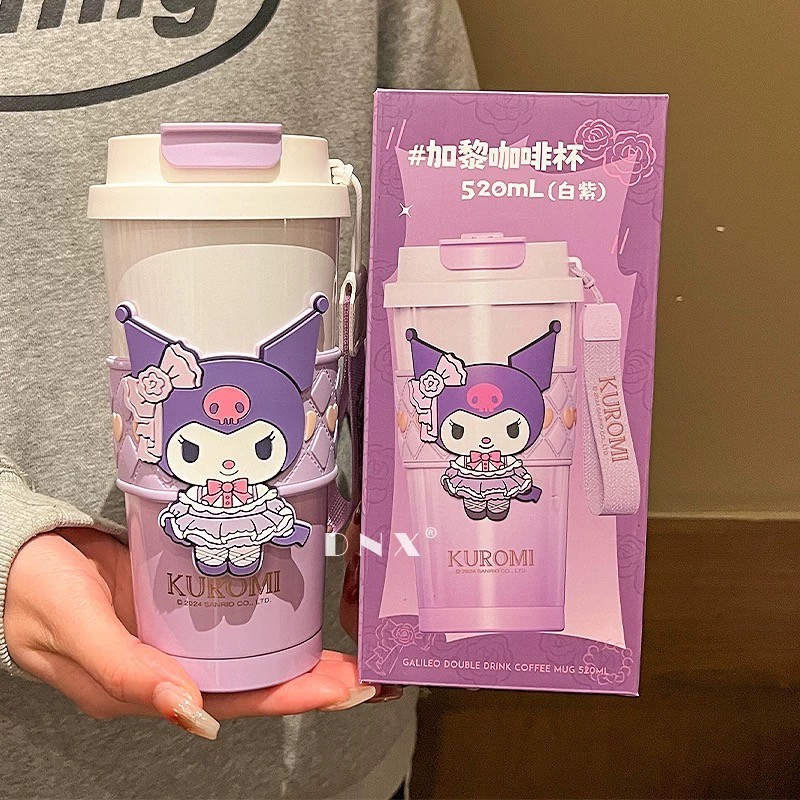 【LUCKY】ของแท้ Sanrio ถ้วยกาแฟฉนวน 316 สแตนเลส Kuromi Melody Hello Kitty แบบพกพาถ้วยดื่มคู่ฝาปิดถ้วยฟางถ้วยแบบพกพา 520ml