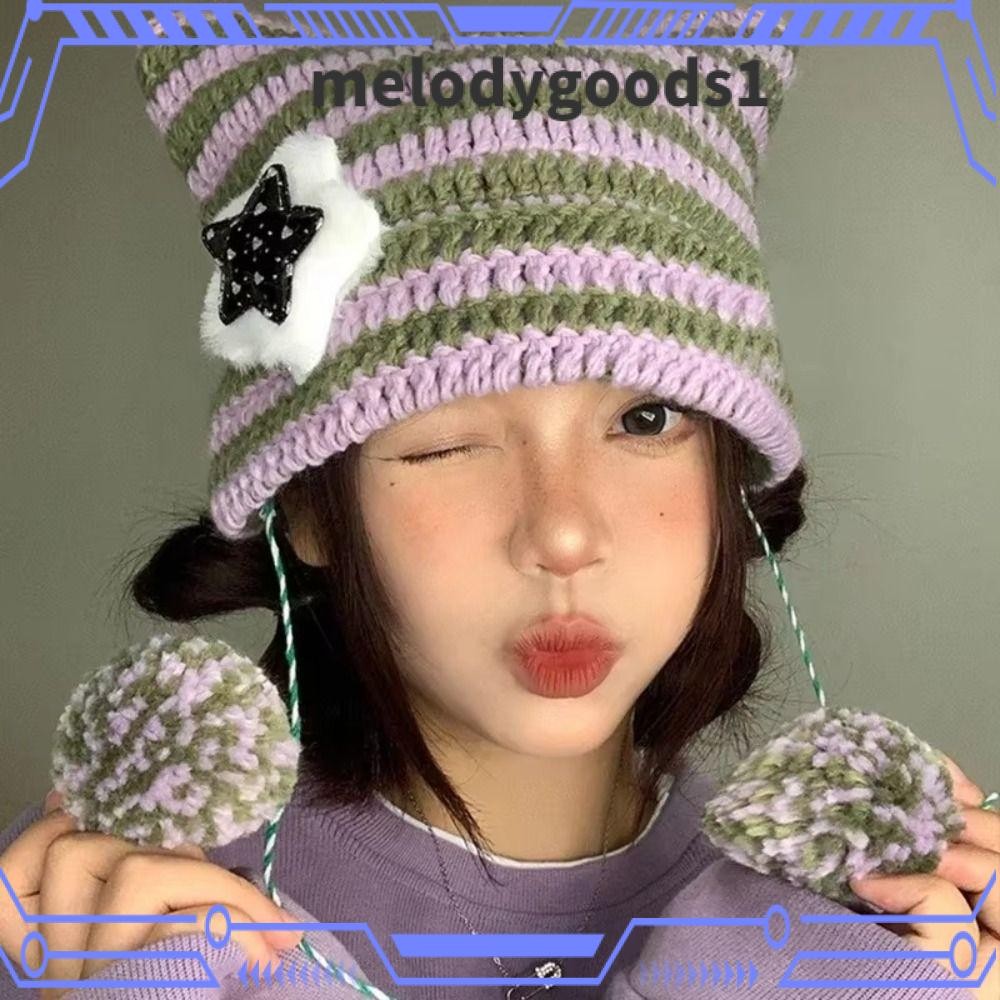 Melodygoods1 Star Devil Hat, Y2K หมวกบีนนี่ลายน่ารัก Y2K, Hip-hop ถักหมวกขนสัตว์ฤดูใบไม้ร่วงฤดูหนาว