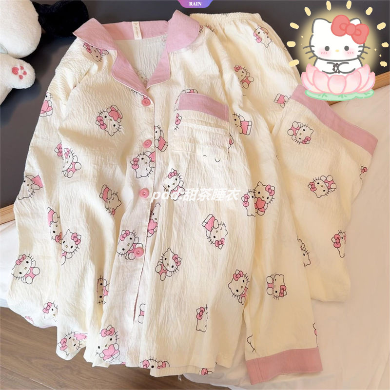 Sanrio น่ารักการ์ตูน HelloKitty ชุดนอนสตรีฤดูใบไม้ผลิและฤดูใบไม้ร่วงแขนยาวกางเกงขายาวชุด Loungewear [RAIN]