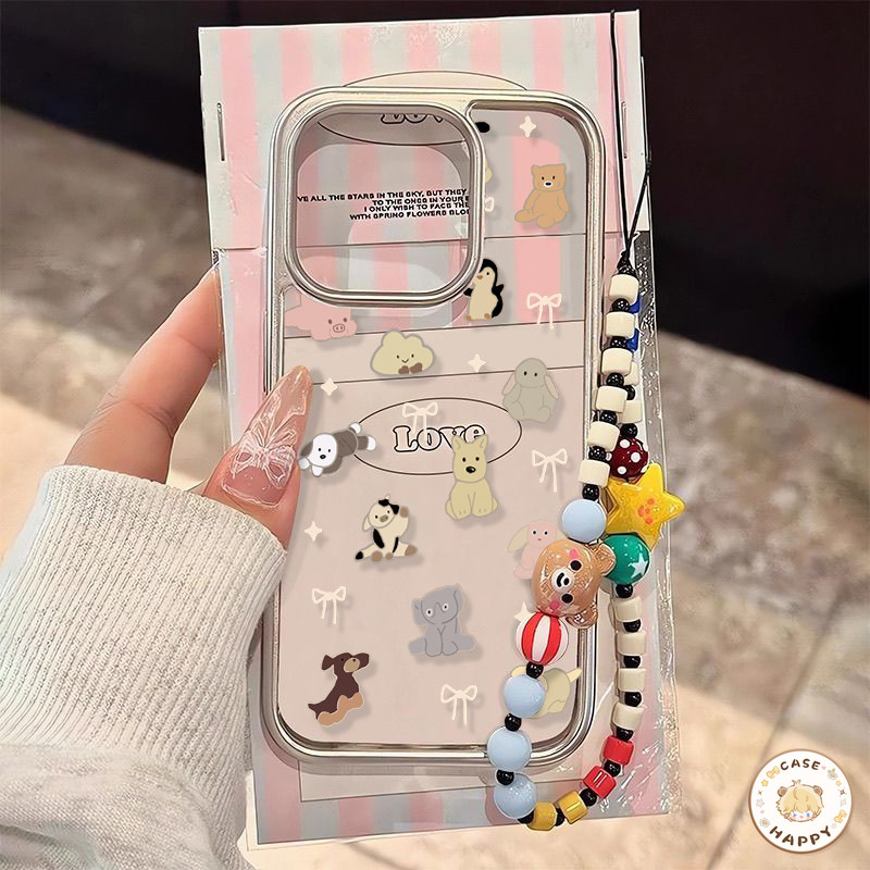 ลายลูกหมาเพนกวินหมีน้อยน่ารักติดโบว์ดาว เฟรมไฟฟ้า เคสIPhone 13 11 15 12 14 Pro Max 7Plus X XR XS MAX 15 8 Plus SE 2020