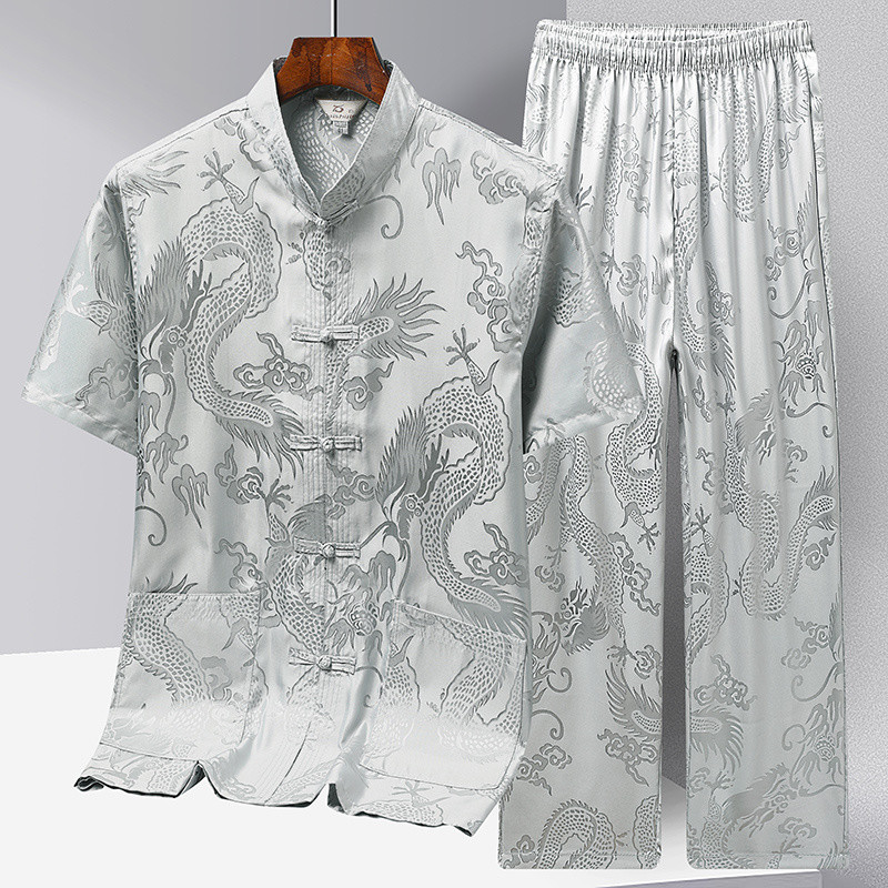 Tang Suit เสื้อเชิ้ตแขนสั้นผ้าไหมน้ำแข็งชายชุดชุดจีนฮั่นฟูใหม่สำหรับวัยกลางคนและผู้สูงอายุชุดไทเก็กออกกำลังกายตอนเช้าสำหรับคุณพ่อและคุณปู่สำหรับฤดูร้อน