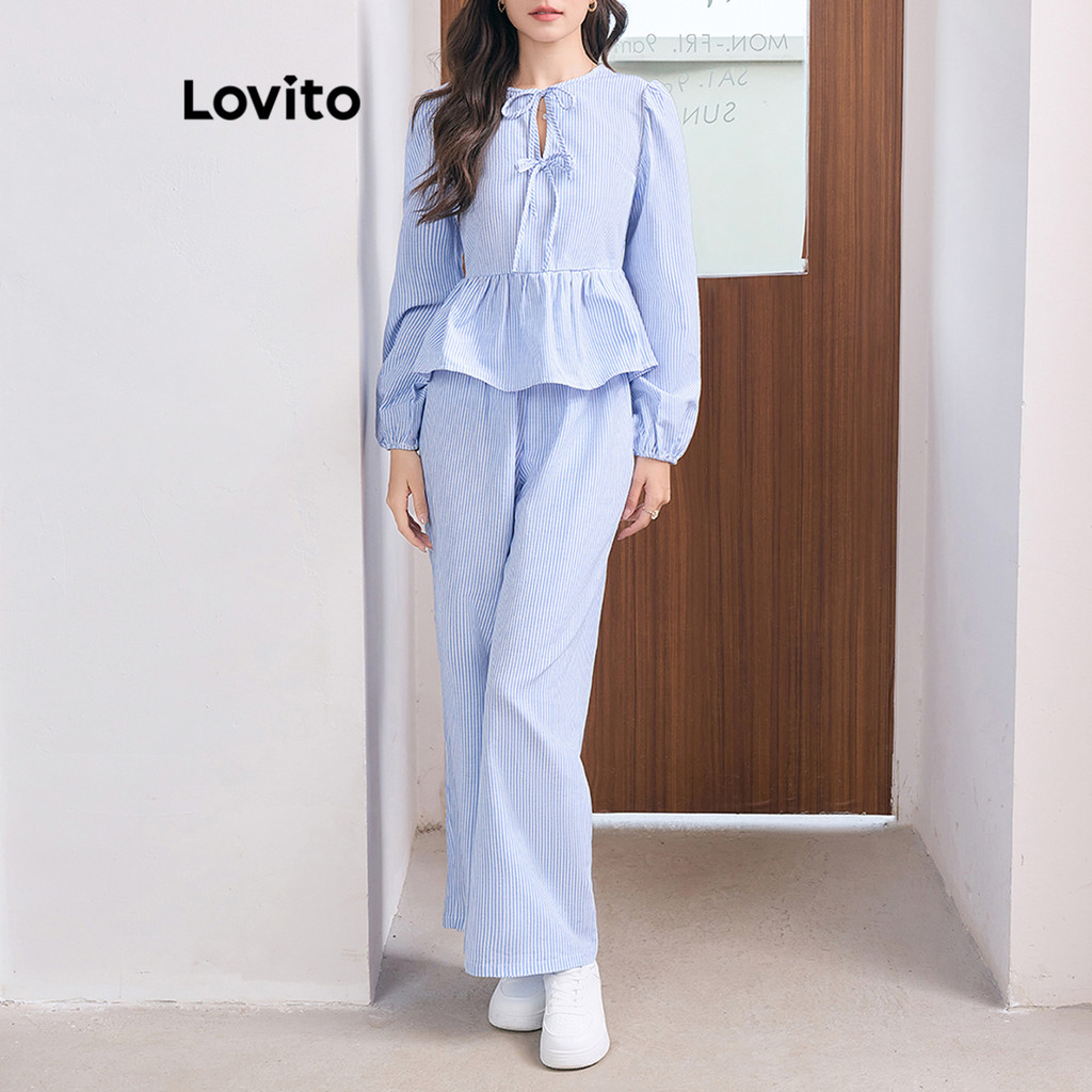Lovito ชุดกางเกงพื้นฐานลายทางด้านข้างแบบสบาย ๆ สำหรับผู้หญิง L105MD265