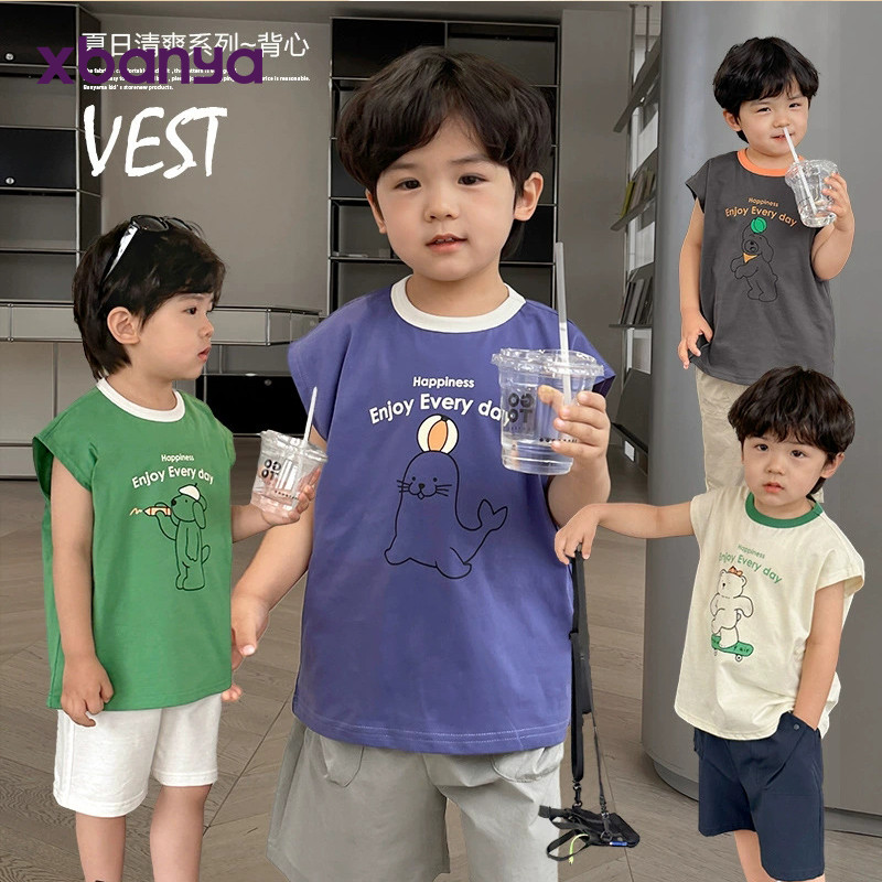 เด็กชายการ์ตูนเสื้อกั๊กแขนกุดเสื้อผ้าฤดูร้อนรูปแบบใหม่เด็กทารกเสื้อผ้าเด็กทารกเด็กฤดูร้อนด้านบนอินเทรนด์บาง X4312