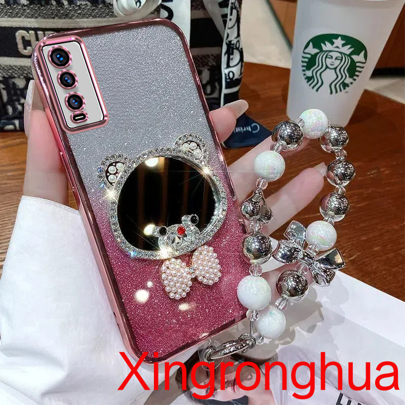 Casing phone Case vivo Y20 Y12S Y20S Y20i Y20A Case Luxury Diamond Bear Cosmetic Makeup Mirror Soft With Lanyard phone cover for girls