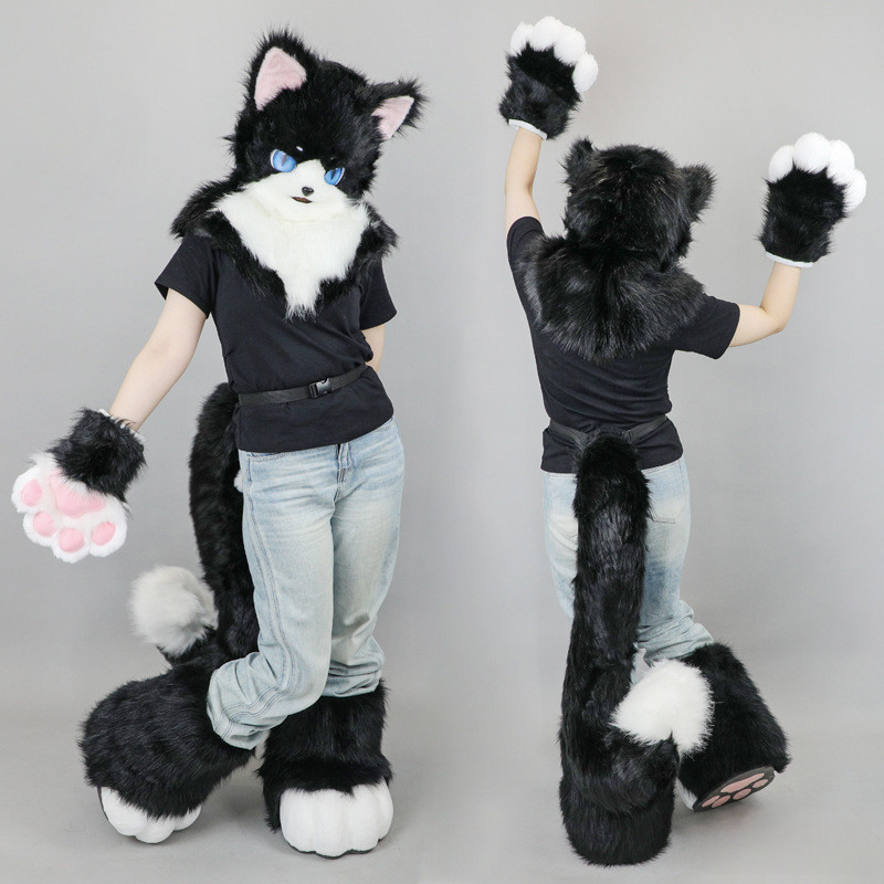 Kigurumi Furry Black & White Meow BEAST costume: พร้อมหน้ากากหางและกรงเล็บสำหรับการแสดงการ์ตูน