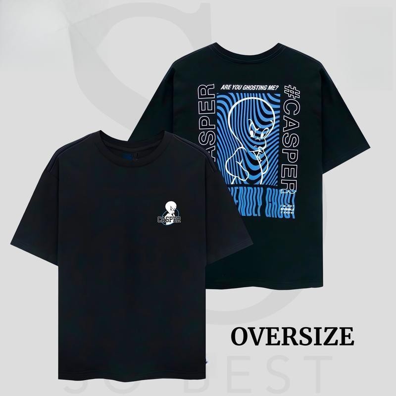 (จัดส่งตลอด 24 ชั่วโมง)Woo Right ผ้าฝ้าย100% เสื้อยืดโอเวอร์ไซส์ Casper สีดำ/น้ำเงิน สกรีนหน้าและหลัง ผ้าสีดำ
