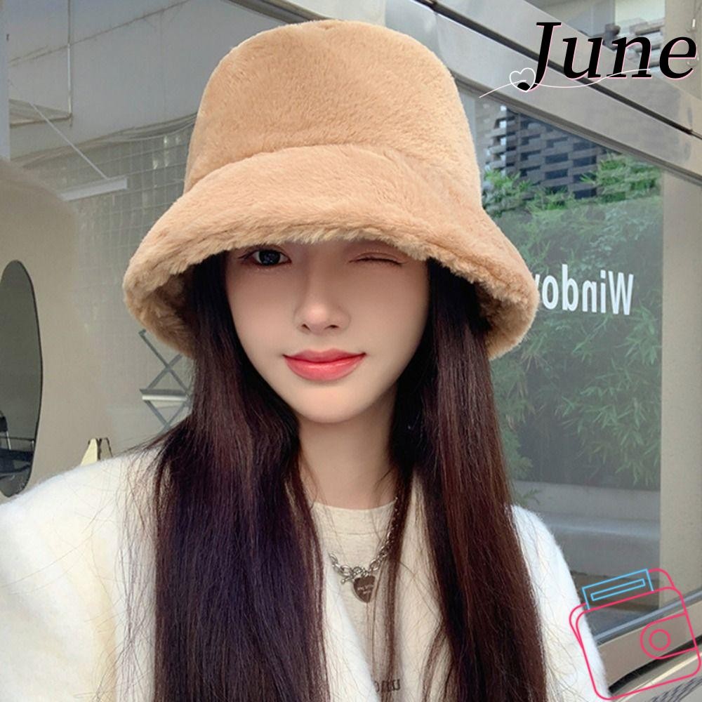 จูเน่ หมวกบักเก็ต,หมวกฤดูหนาวขนเทียมสีทึบ,แฟชั่นที่อบอุ่นนุ่มหมวกด้านบนแบนฤดูใบไม้ร่วงฤดูหนาว