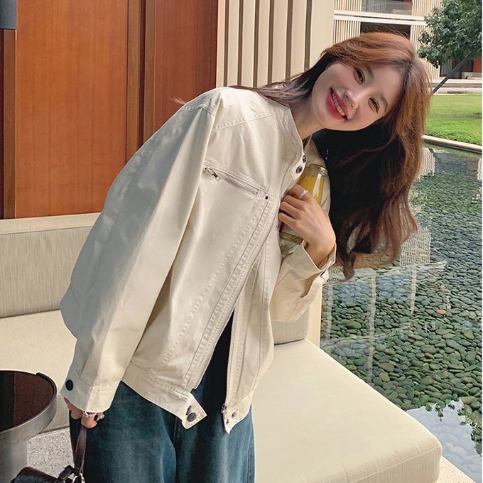 เสื้อโค้ทเสื้อกันลมหลวมสั้นลําลองคอตั้ง