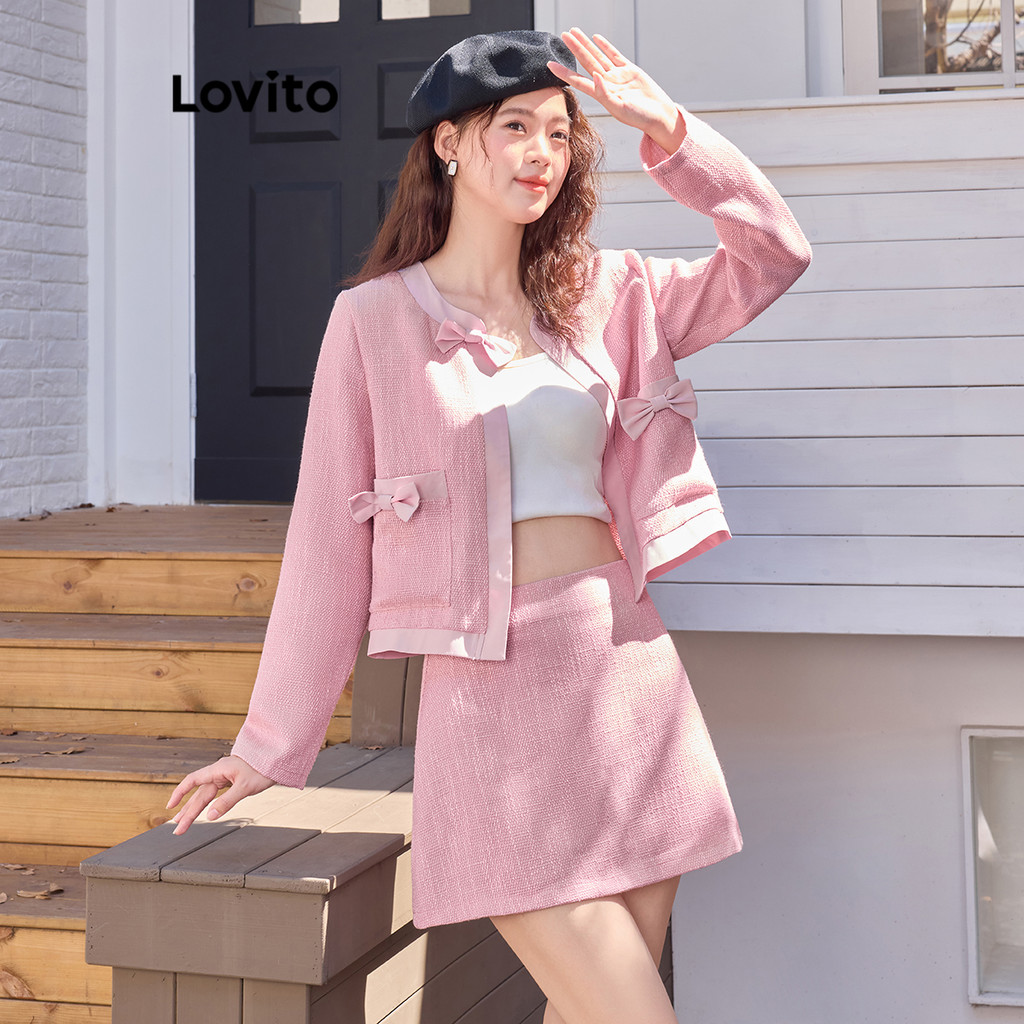 Lovito ชุดกระโปรงเย็บโบว์ธรรมดาน่ารักผ้าด้านหน้าสำหรับผู้หญิง L106AD011