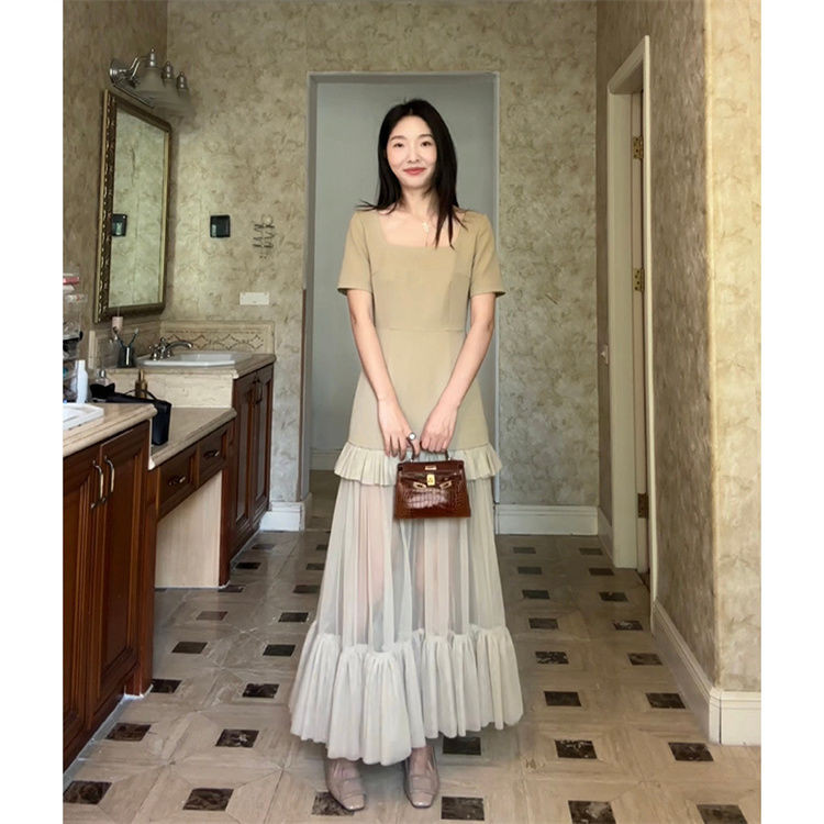 [เดรสผู้หญิงไซส์ใหญ่] ขนาดใหญ่ขนาดไขมันเล็กน้อย มม Classy Celebrity High-End ตาข่ายเย็บชุดหญิงฤดูร้อนสไตล์ใหม่แคบ-เอว Slimmer ดูกระโปรง