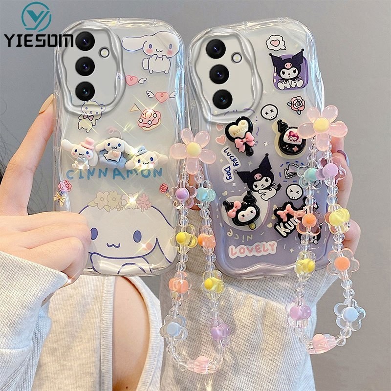 SAMSUNG Clear 3D Kuromiเคสโทรศัพท์สําหรับSamsung Galaxy A16 A56 A15 A35 A55 5G A05 A05S A14 4G A34 A54 5Gการ์ตูนโปร่งใสWaveดอกไม้ข้อมือสร้อยข้อมือซิลิโคนฝาครอบ