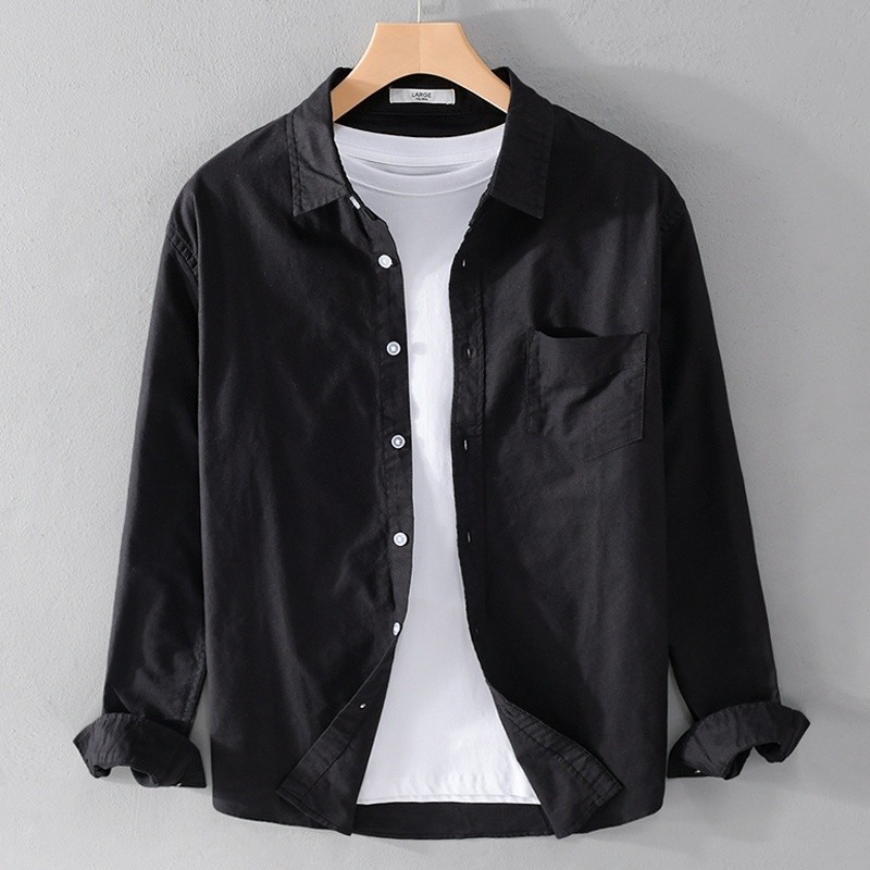 เสื้อเชิ้ต ผู้ชาย แขนยาว บาง หลวม สีทึบ ผ้าลินิน M-5XL