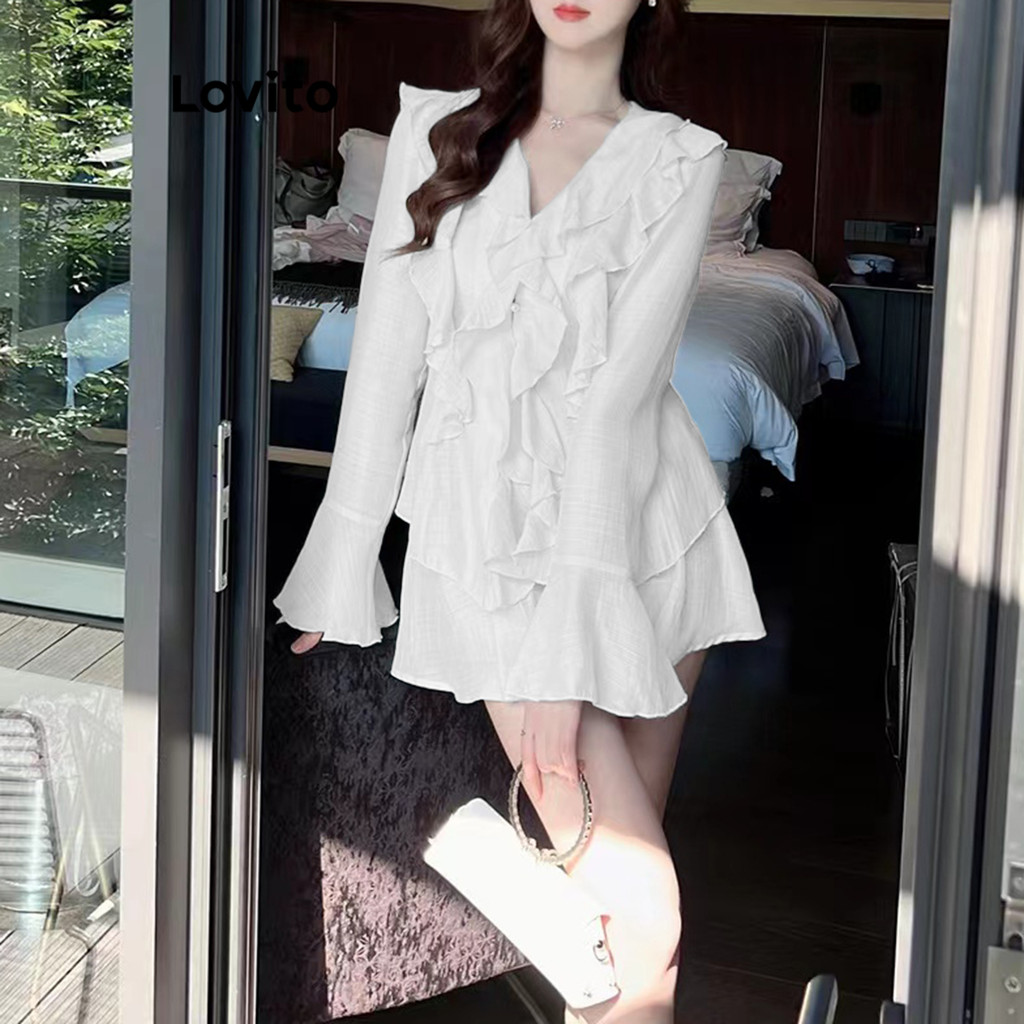 (Trendy) Lovito เสื้อลําลอง นัวเนีย ธรรมดา มีซับใน พร้อมเสื้อเซฟตี้หรือกระโปรงสําหรับผู้หญิง L61AD10