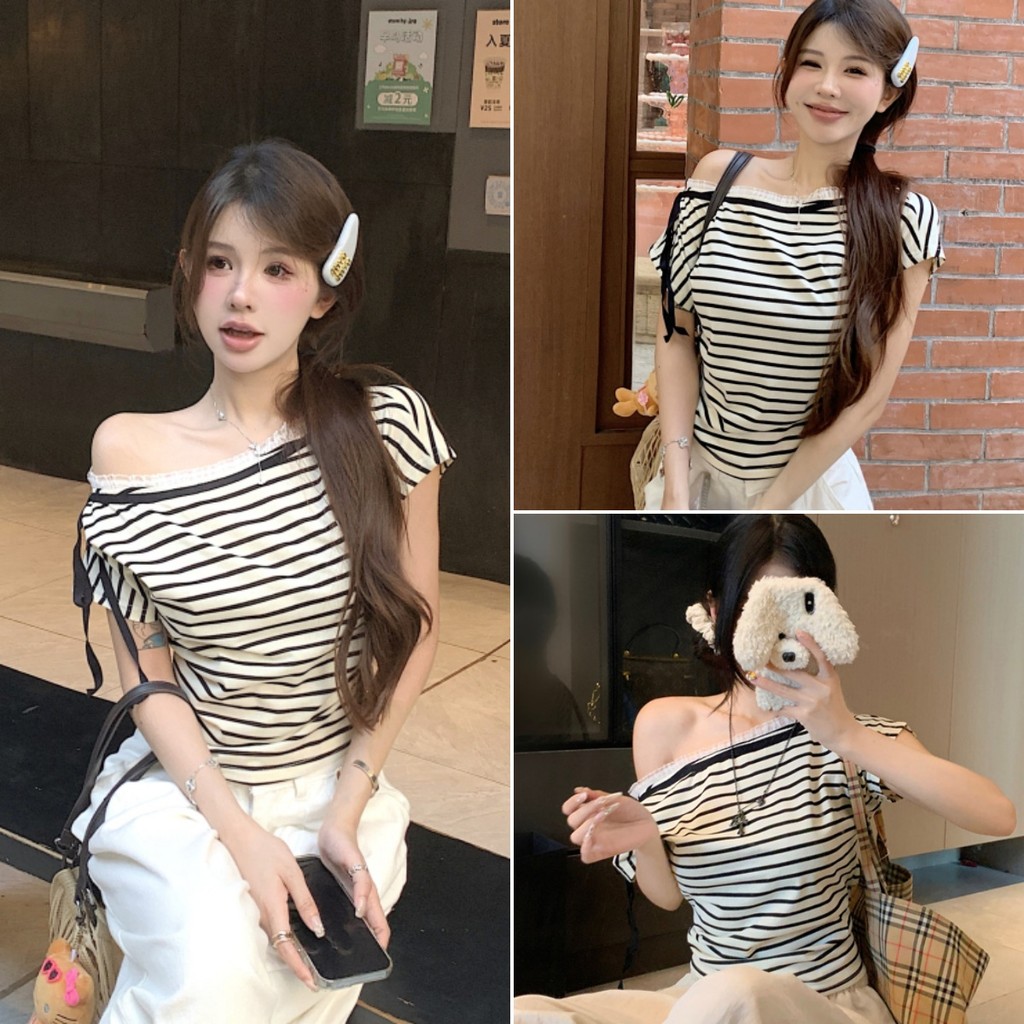 cherryshop🍒พร้อมส่ง เสื้อยืดลายทางผู้หญิง เสื้อยืดเปิดไหล่สั้น แขนสั้นเซ็กซี่ ดีไซน์ขอบลูกไม้ สไตล์สาวฮอต