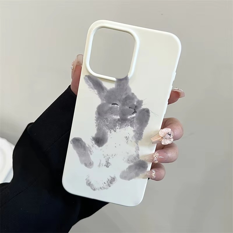 หมึกและล้างภาพวาดกระต่าย Art Design เคสโทรศัพท์สําหรับ iPhone 16 15 Pro Max 11 12 13 14 Pro Plus 16E ซิลิโคนอ่อนนุ่มกันกระแทกฝาครอบป้องกัน
