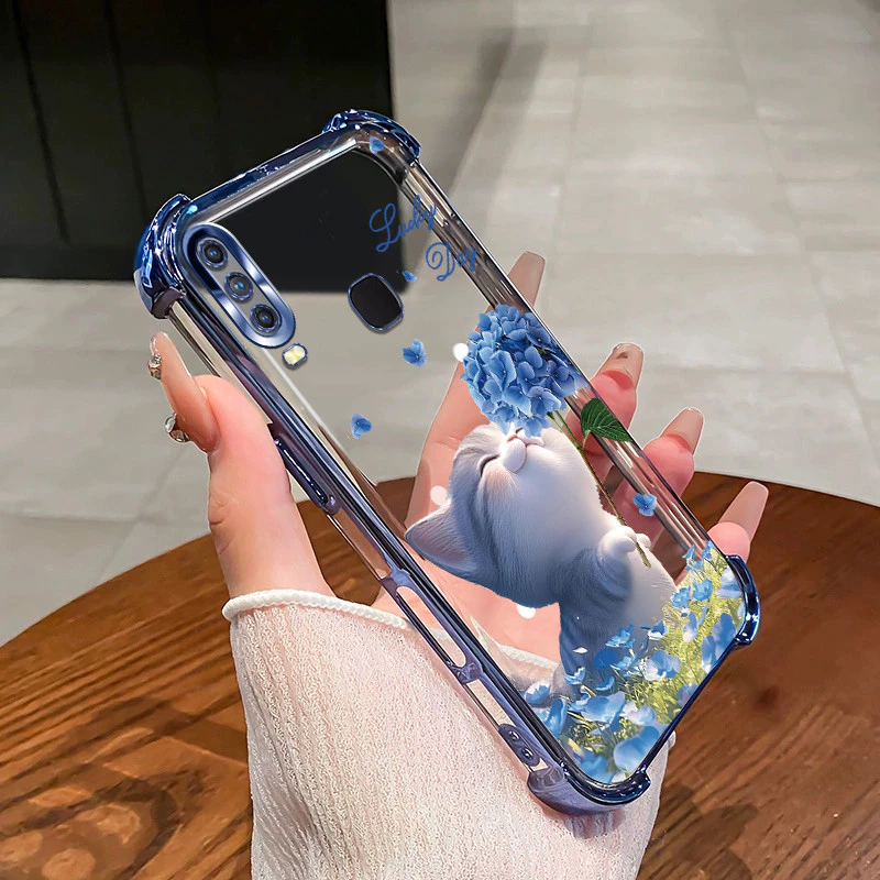 สําหรับ VIVO Y11 Y12 Y15 Y17 Y19 เคสโทรศัพท์ดอกไม้แมวสี่มุมซิลิโคน TPU โปร่งใสนุ่ม XH007