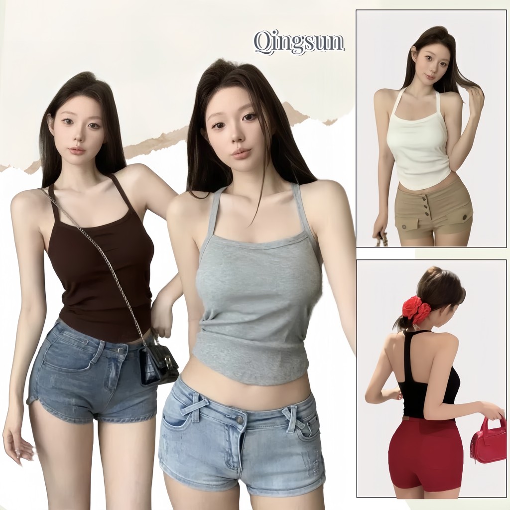 เสื้อสายเดี่ยว เสริมฟองน้ำน่ารักๆ สีพื้น ดีเทลเว้าหลัง ทรงรัดตัว "FY88030"🌻Qingsun