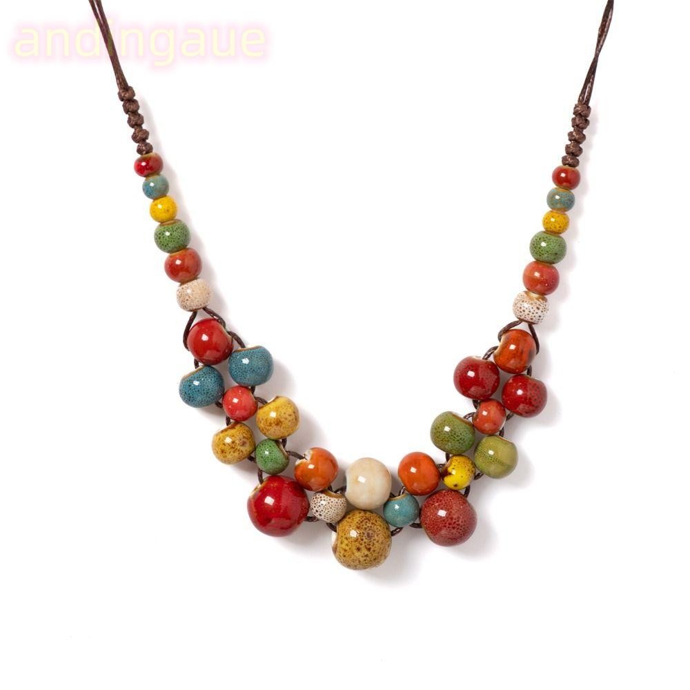 สร้อยคอลูกปัดเซรามิก Boho แฮนด์เมด สไตล์วินเทจ สร้อยคอ,long necklace กับลวดลายเฉพาะตัว เป็นของขวัญสีสันสดใส