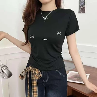 G01-07 เสื้อยืดสีดำ แขนสั้นพิมพ์ลายโบว์มินิ สุดน่ารัก แนวเกาหลี หลายไซส์ ผ้านิ่มสวมใส่สบาย ใส่ได้ทุกโอกาส ราคาถูก