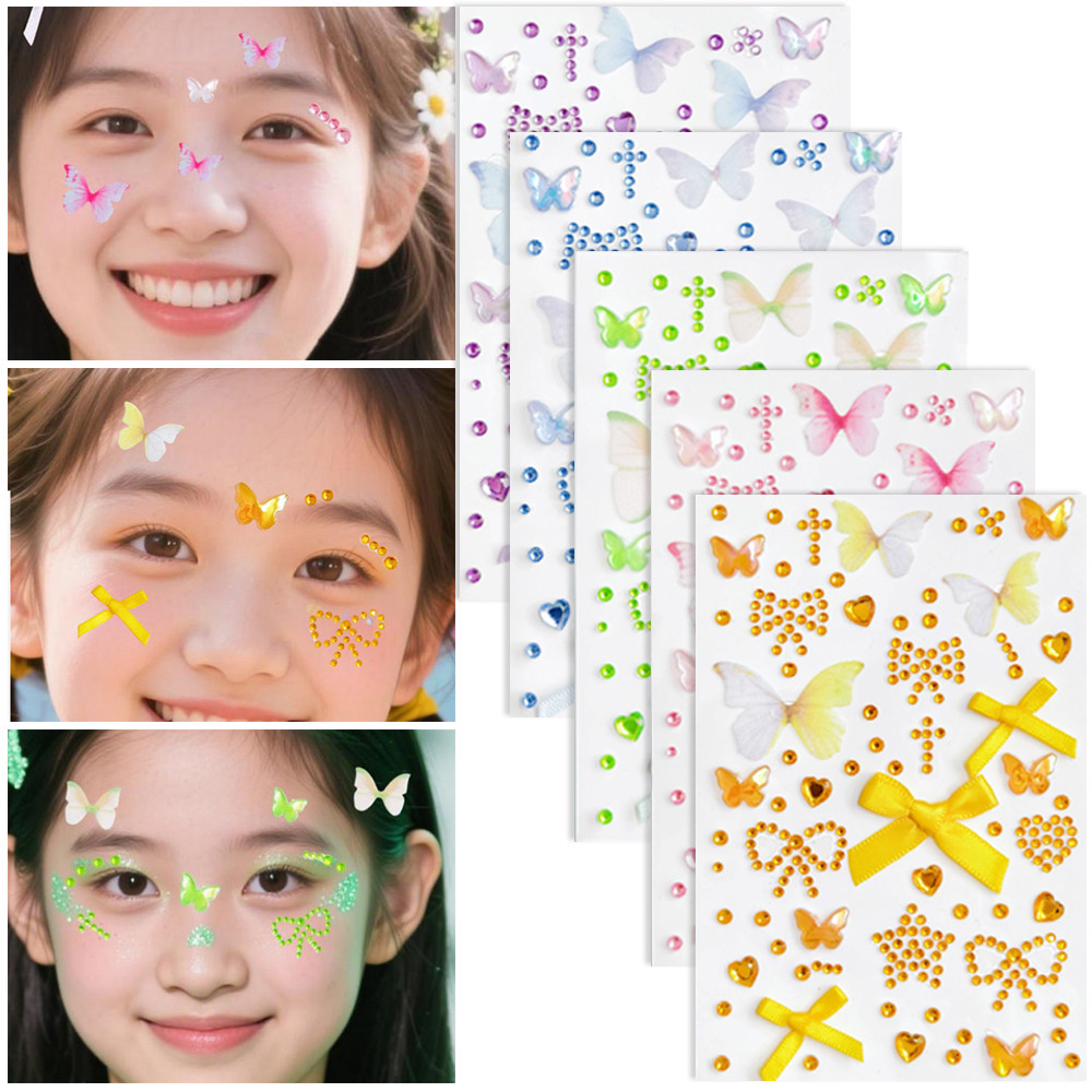 3D Butterfly Gems Diamond Tattoo Body Brow Self กาวสติกเกอร์บํารุงผิวหน้าขนาด Fairy Beauty สีสัน