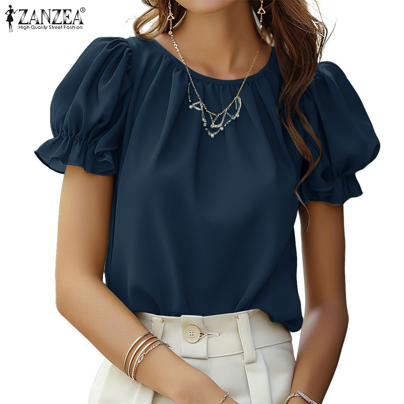 ZANZEA เสื้อเบลาส์แขนสั้นคอกลมสำหรับผู้หญิง