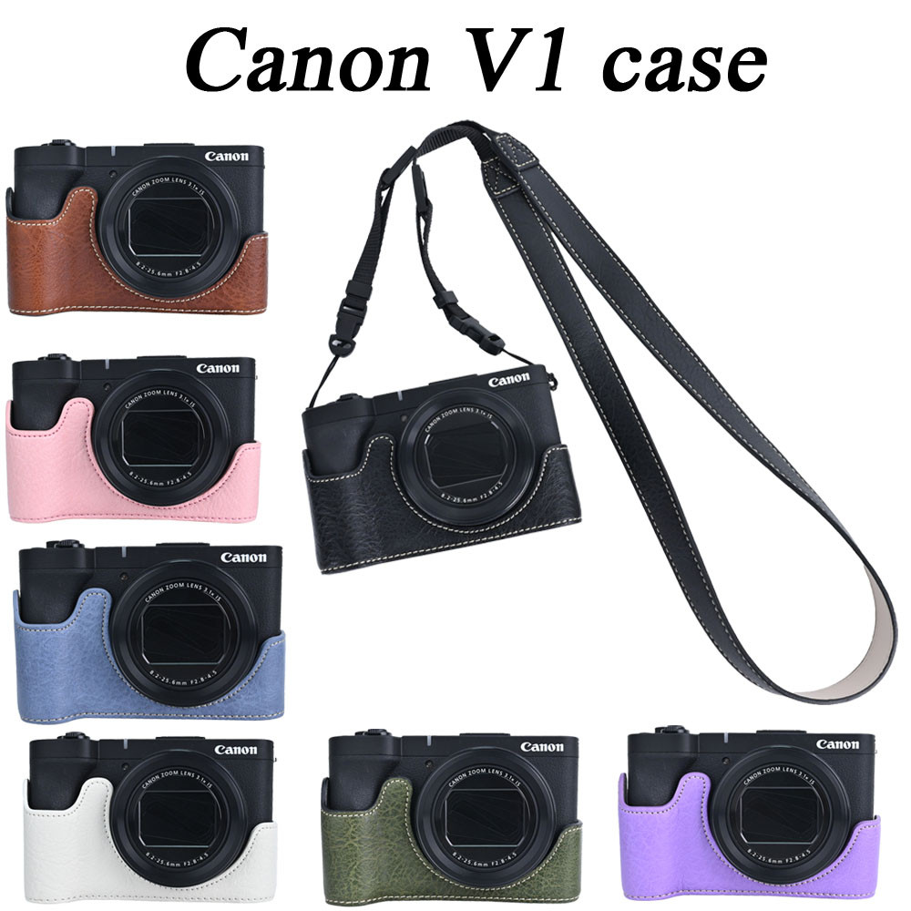 หนัง PU Powershot V1 กระเป๋ากล้องครึ่งกระเป๋าสําหรับ Canon V1 พร้อมสายรัด