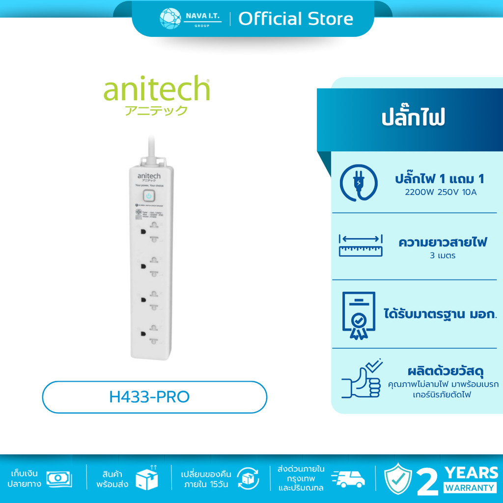 🛵มีส่งด่วน💨 ANITECH H433-PRO ปลั๊กไฟ 1 แถม 1 พร้อมเบรกเกอร์นิรภัยตัดไฟ กรณีใช้ไฟเกิน ประกัน 2 ปี