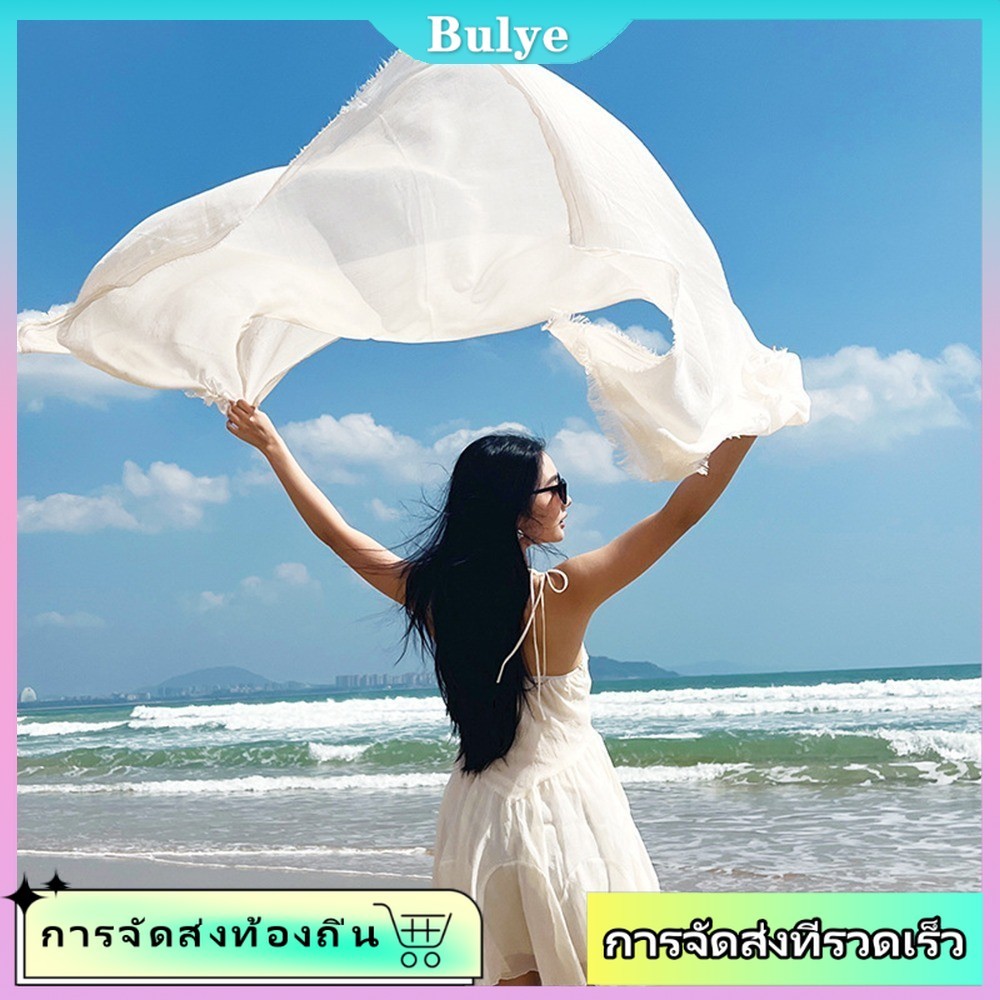 (จัดส่งในพื้นที่) ผ้าพันคอเนื้อผ้าฝ้ายลินินสไตล์มินิมอล พร้อมปกป้องแสงแดด