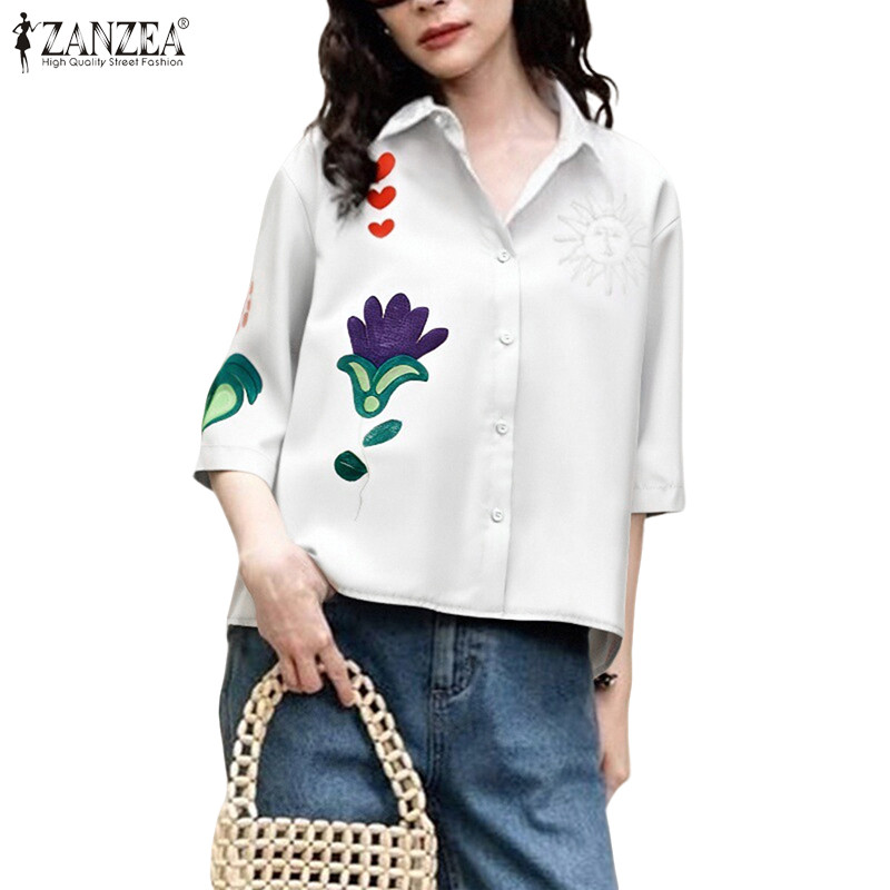 ZANZEA สไตล์เกาหลีสำหรับผู้หญิง เสื้อเชิญตหลวม พร้อมปกพับลงและพิมพ์ลายสนุกๆ
