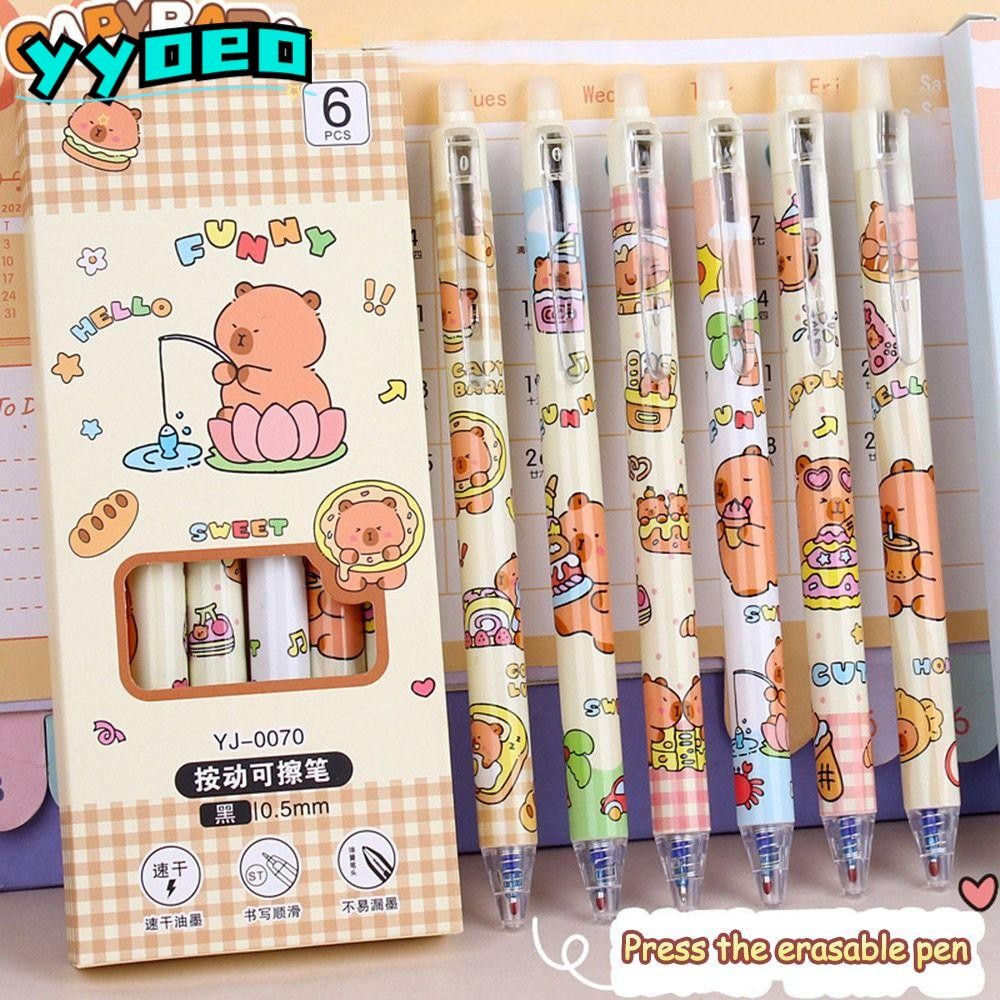 YYOEO 6 ชิ้น/ล็อตกดปากกาลบได้, ปากกาเจล Capybara การ์ตูนแห้งเร็ว, 0.5 มม. ปากกาสีดําโรงเรียนสํานักงานเขียนเครื่องเขียน